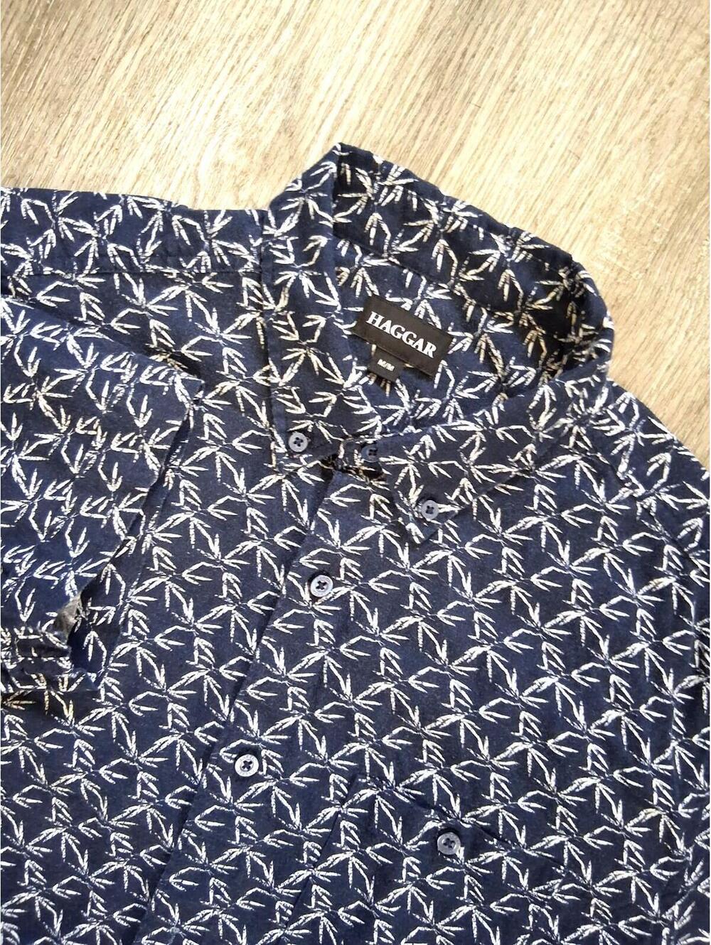 Haggar Men's M Linen Blend Blue/White Button Down Short Sleeve Shirt